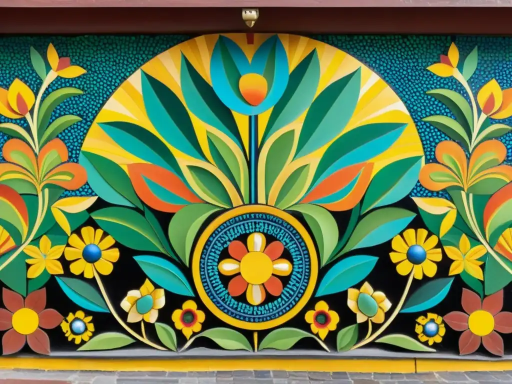 Detalle de un mural de mosaico en la fachada de un edificio histórico en México