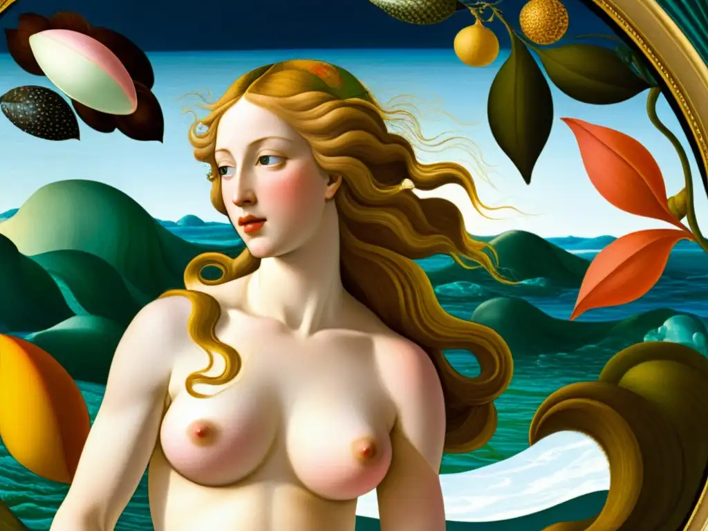 Detalle de 'El nacimiento de Venus' de Botticelli, destacando la gracia de sus patrones artísticos renacentistas italianos