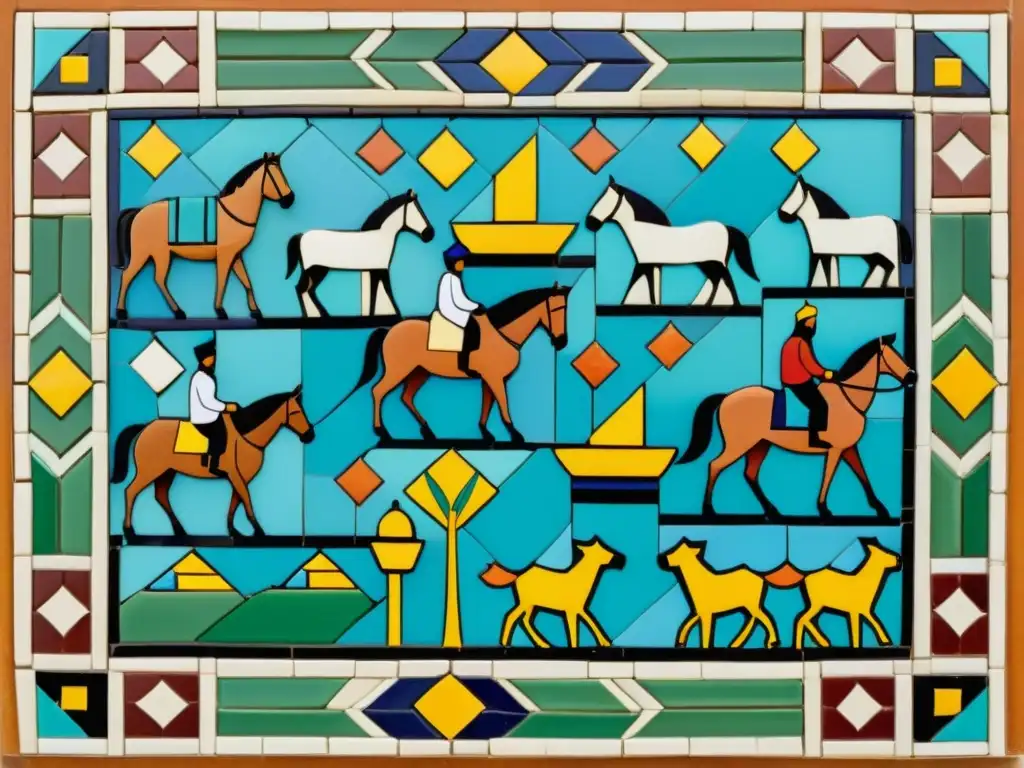 Detalle de mosaico árabe: narrativa y simbolismo en mosaicos árabes, escena vibrante de mercado en Arabia, rica en colores y patrones geométricos