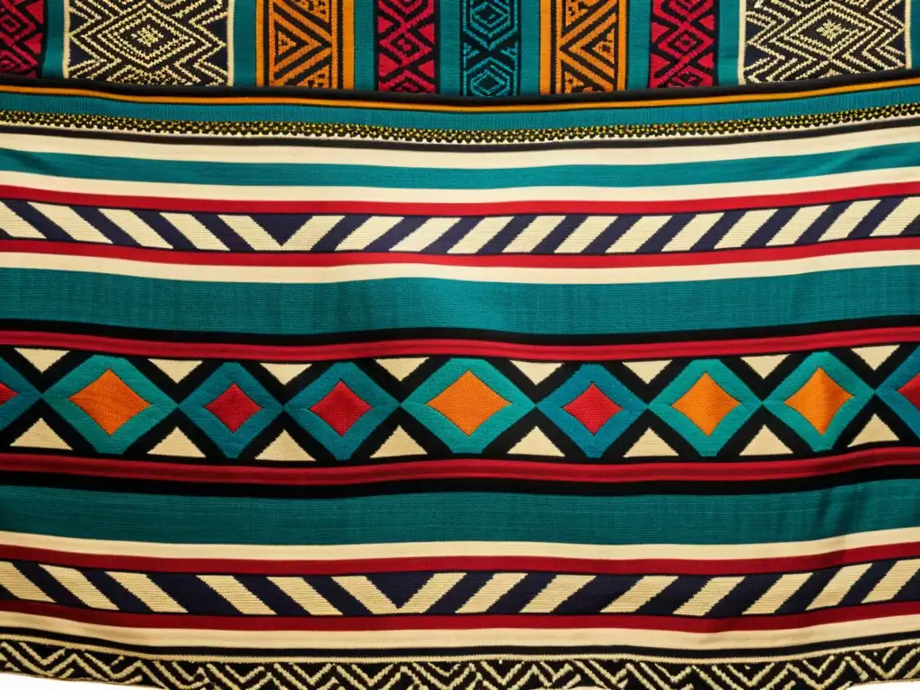 Detalle de una obra de arte textil vintage con patrones intrincados y colores vibrantes, que muestra el significado de patrones artísticos globales