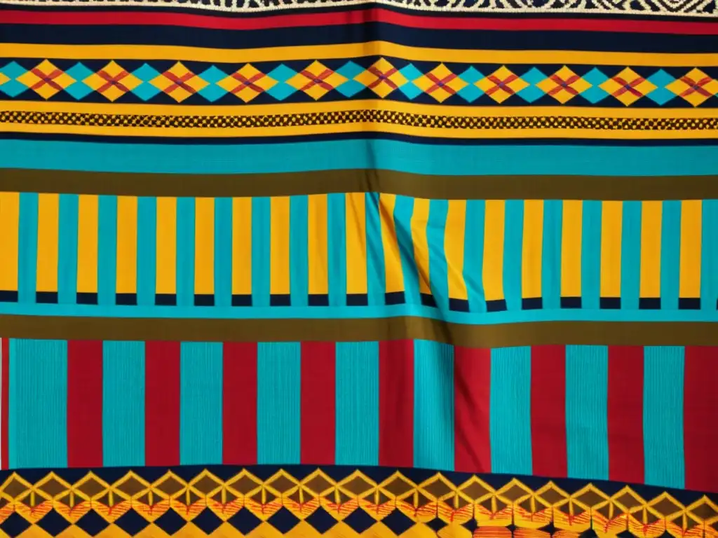 Detalles artesanales: Tejido Ewe tradicional de África Occidental Detalle de tela Ewe de África Occidental, con patrones intrincados y colores vibrantes, mostrando la artesanía y la historia de la tradición textil