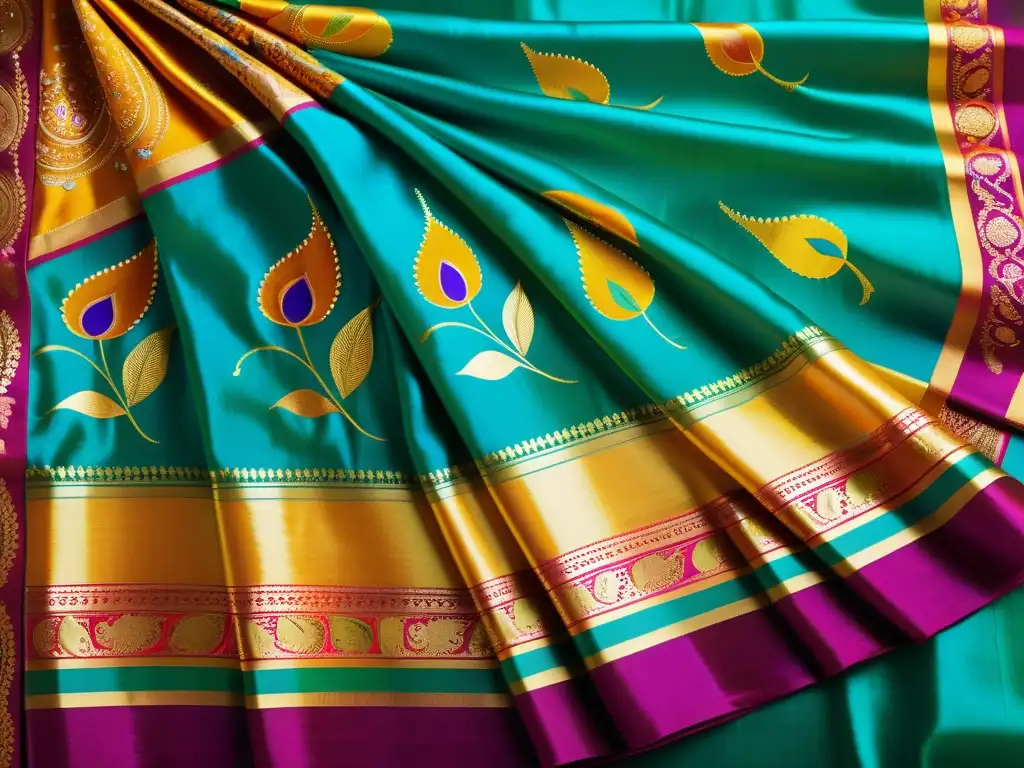 Detalle de un Paithani saree con diseño de paisley, pavo real y loto, resaltando la artesanía y significado cultural de los diseños Paithani Sarees