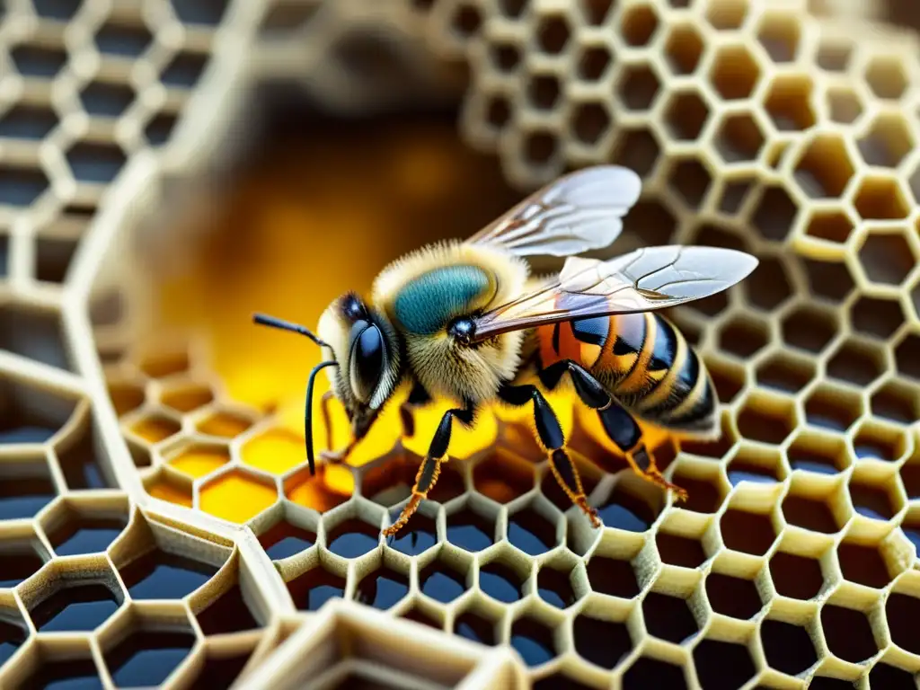 Detalle fascinante: Ilustración detallada de panal de abejas Detalle de ilustración vintage de panales de abejas, mostrando patrones geométricos y simetría precisa en tonos cálidos terrosos