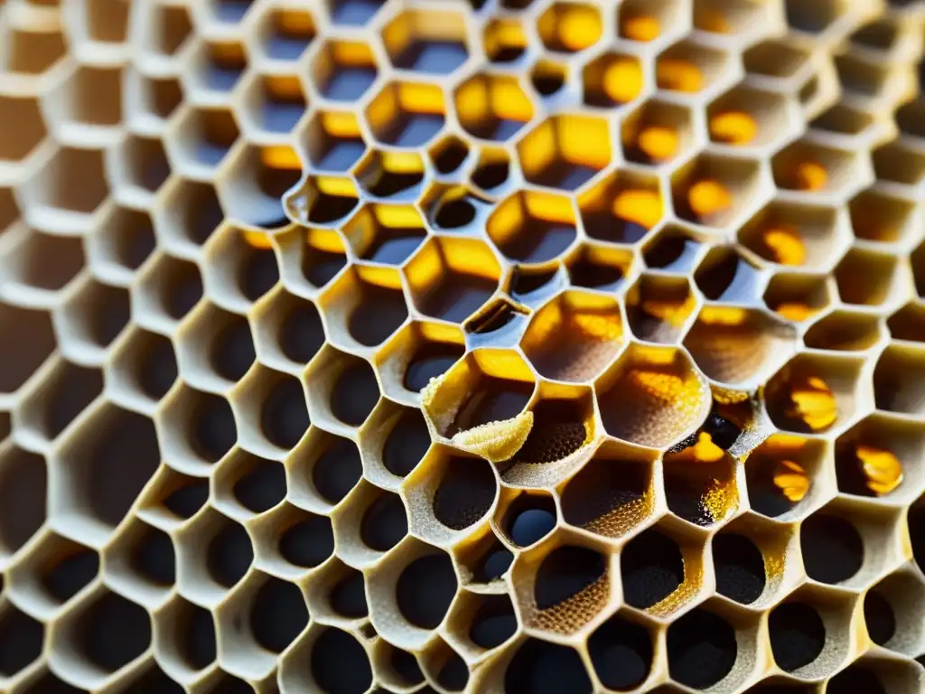 Patrón geométrico dorado de panal de abeja: belleza natural Detalle de panales de abejas con patrones geométricos, resplandeciendo en tonos cálidos y dorados, evocando elegancia natural
