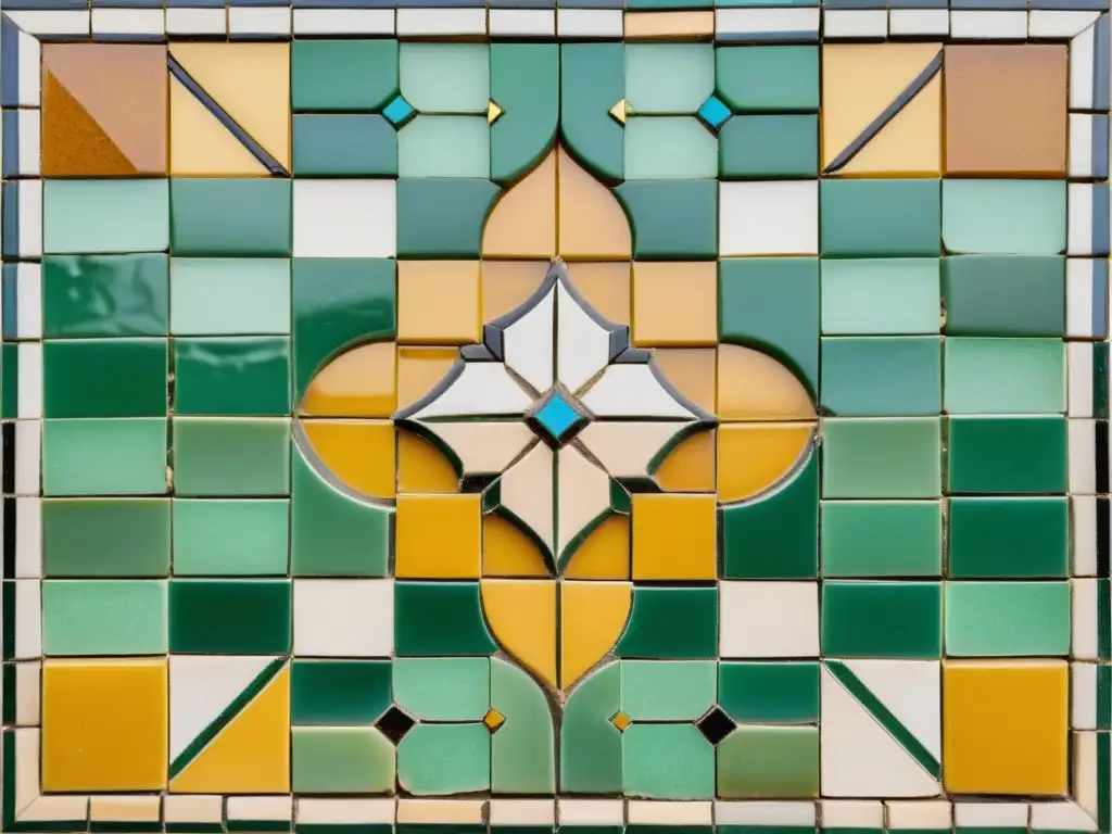 Detalle de un panel de mosaico Zellige marroquí, con patrones geométricos intrincados y colores vibrantes