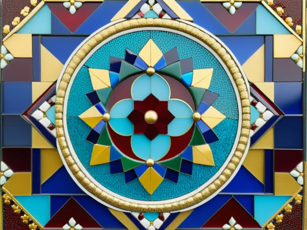 Detalle de un panel de mosaico árabe con patrones culturales, combinando colores vibrantes y una artesanía meticulosa