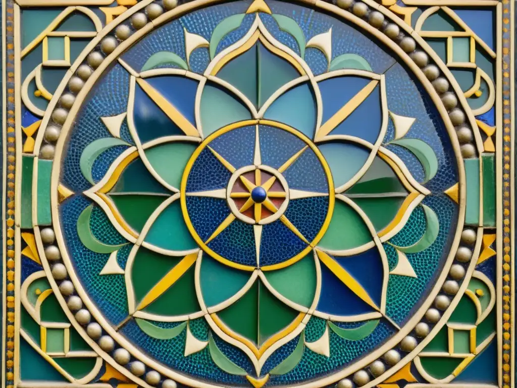 Detalle de un panel de mosaico árabe vintage con patrones geométricos y colores vibrantes