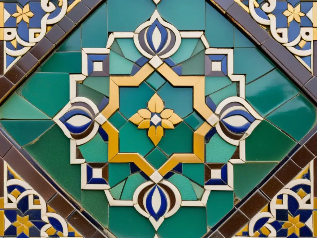 Detalle de un panel de mosaico árabe con patrones geométricos en tonos tierra, mostrando la belleza y métodos antiguos de creación de mosaicos árabes