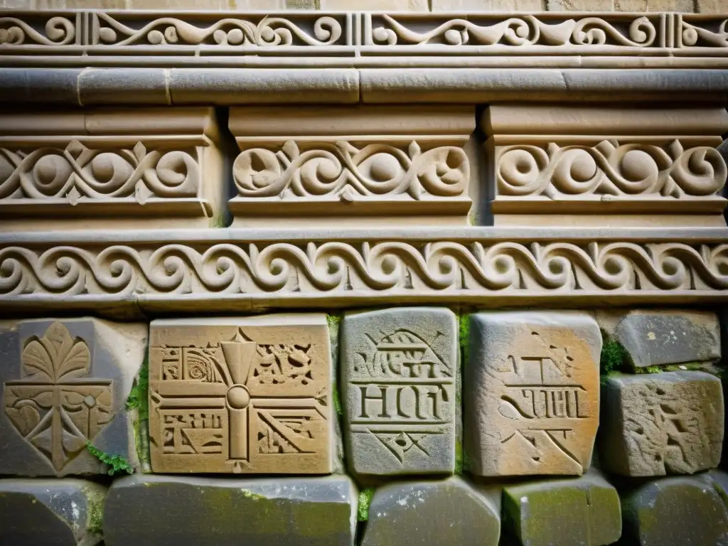 Detalle de la pared de piedra medieval con marcas de cantero, evocando historia y artesanía