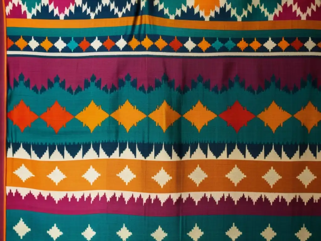 Detalle de un Patola doble ikat diseño artístico, exhibiendo patrones intrincados y colores vibrantes, evocando elegancia y herencia atemporal