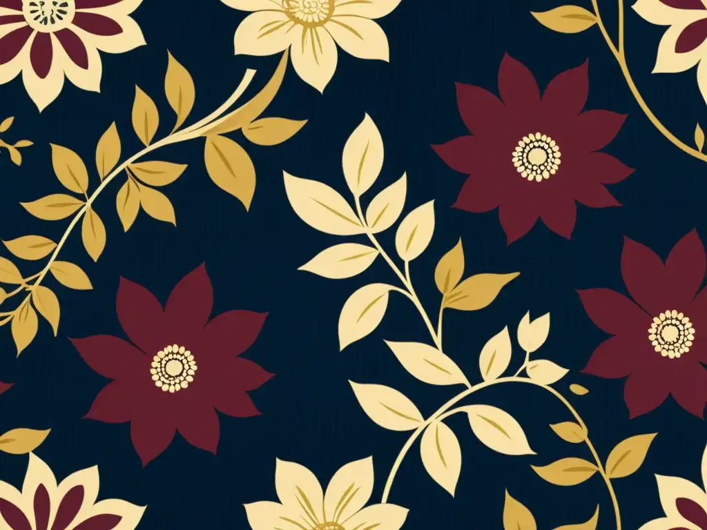 Detalle de un patrón artístico vintage en ricos tonos de burgundy, oro y navy, con motivos florales intrincados y artesanales