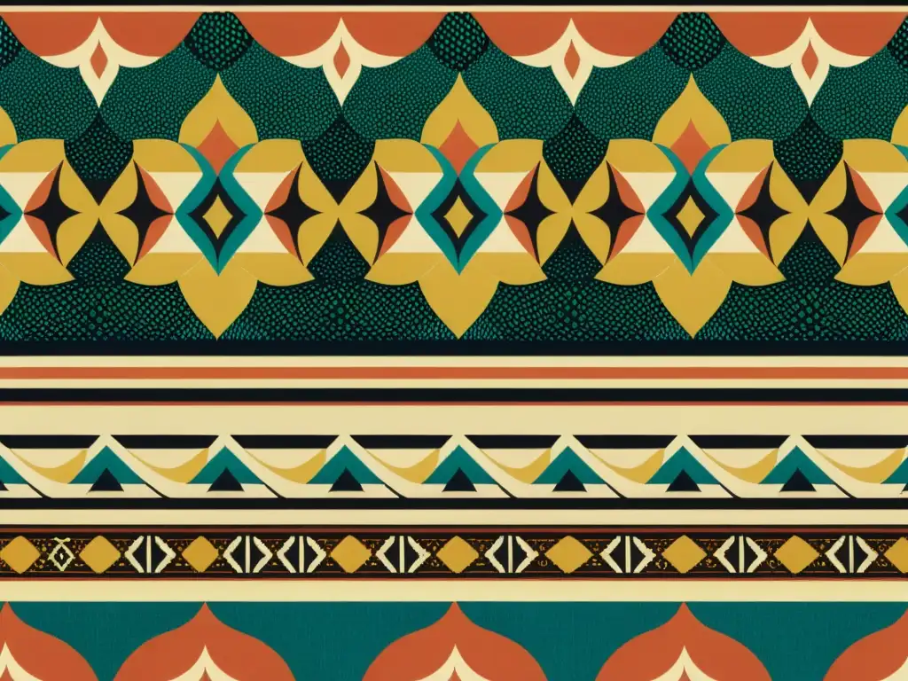 Detalle de un patrón textil vintage, con diseños intrincados y colores vibrantes, evocando historia y significado cultural