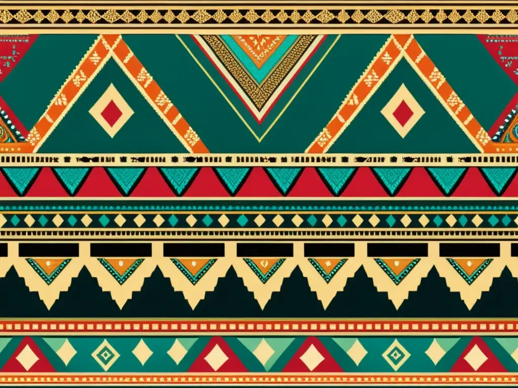 Detalle de un patrón textil vintage de la India, con colores vibrantes y bordados metálicos, mostrando el rescate de patrones textiles antiguos India