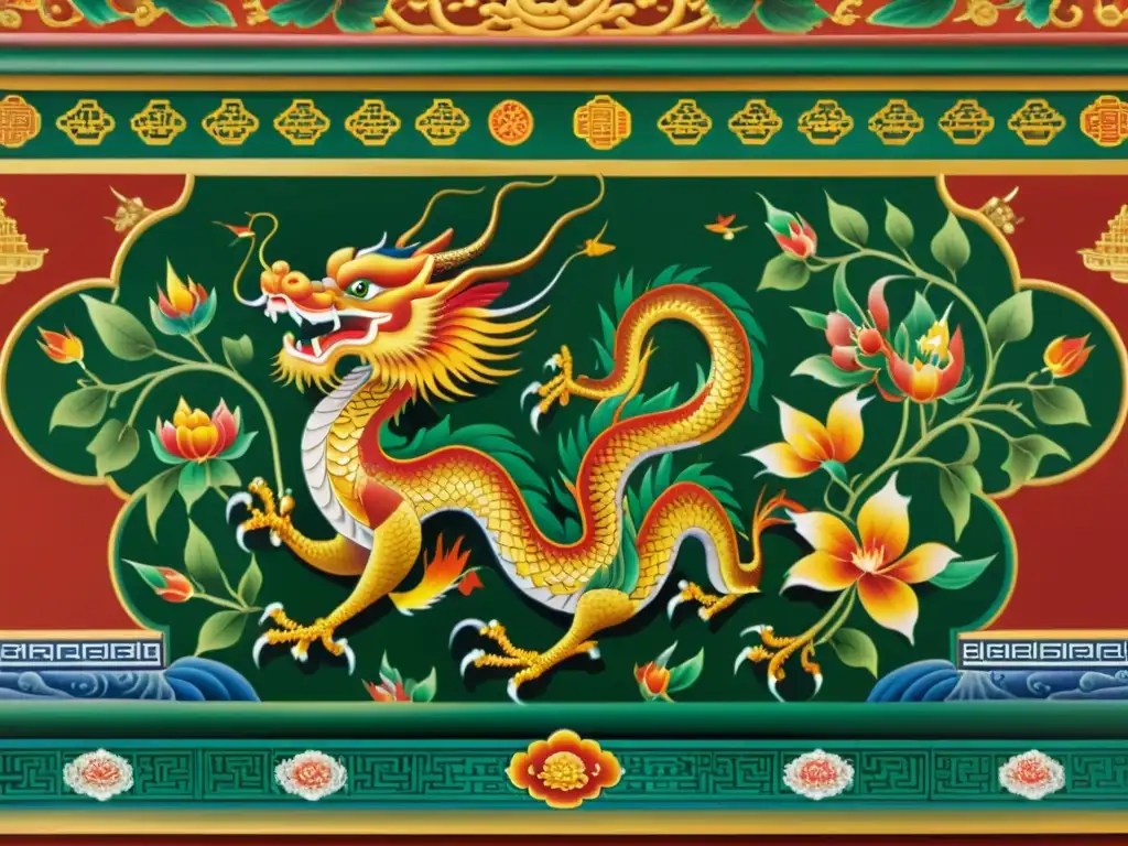 Detalle de patrones artísticos en palacios de China, con dragones, fénix y flora tradicional en colores vibrantes