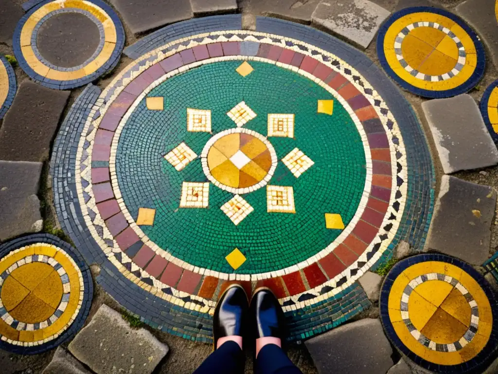 Detalle de los patrones artísticos en las ruinas de Pompeya, con tonos vibrantes y una rica historia cultural