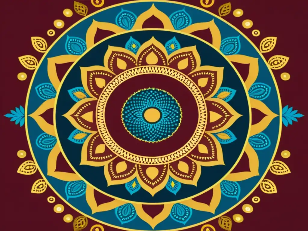 Detalle de mandala vintage hindú con patrones artísticos, geometría sagrada y ricos colores como rojos, azules y amarillos dorados