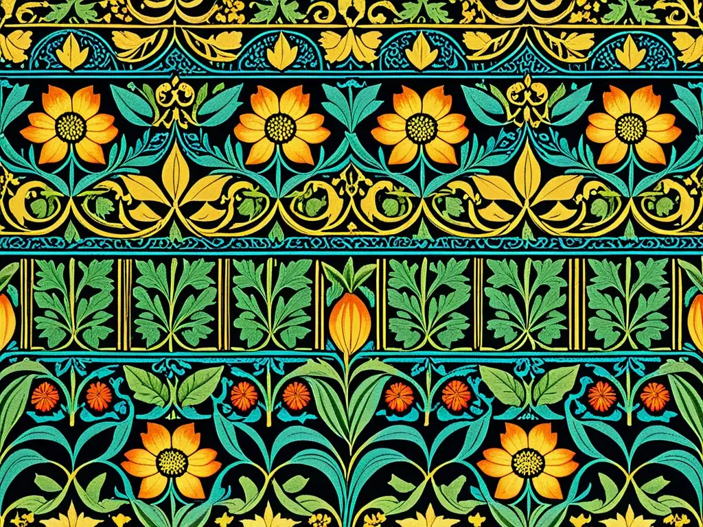 Detalle de patrones artísticos William Morris en vibrantes colores y exquisito diseño floral y ornamental, reflejando su legado creativo