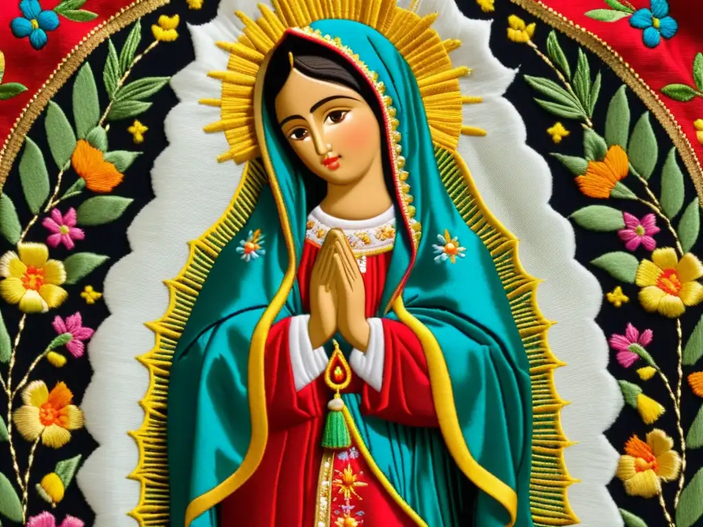 Detalle de los patrones de bordado en vestimenta ceremonial de la Virgen de Guadalupe, mostrando la artesanía y simbolismo cultural