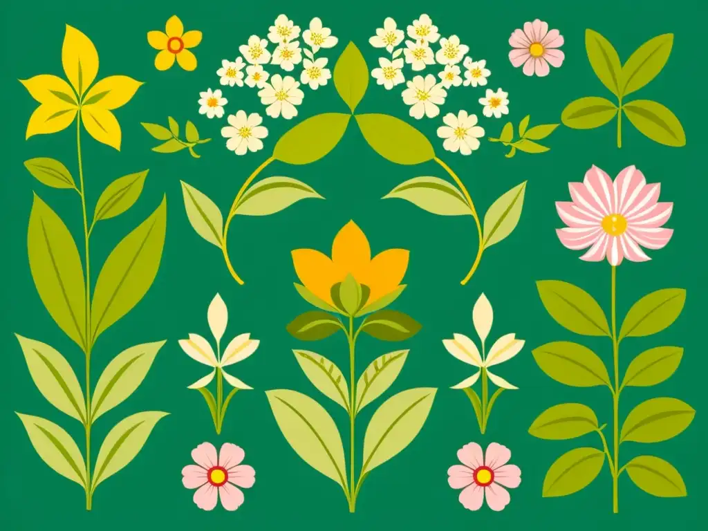 Detalle de patrones botánicos en jardines franceses: ilustración vintage de flores y follaje con elegancia y colores vibrantes