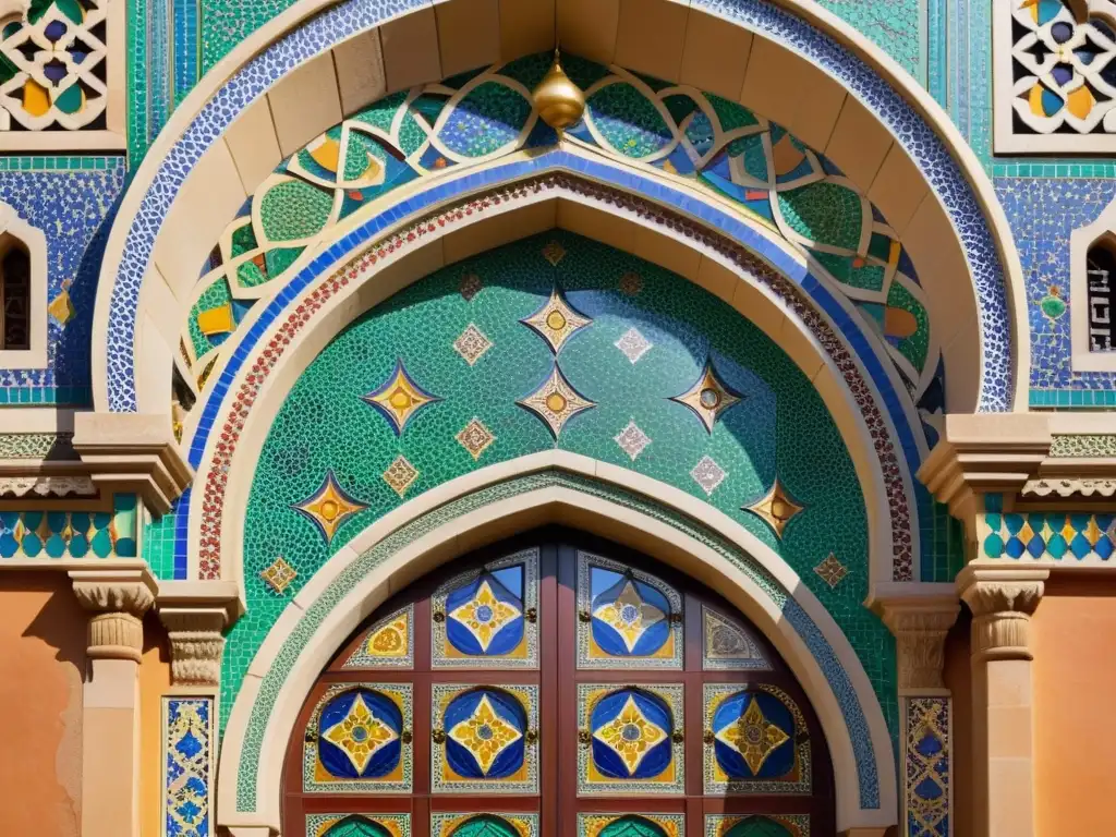 Detalle de mosaico árabe con patrones florales y geométricos, reflejando luz y sombra en un arco decorado con caligrafía y tallados intrincados