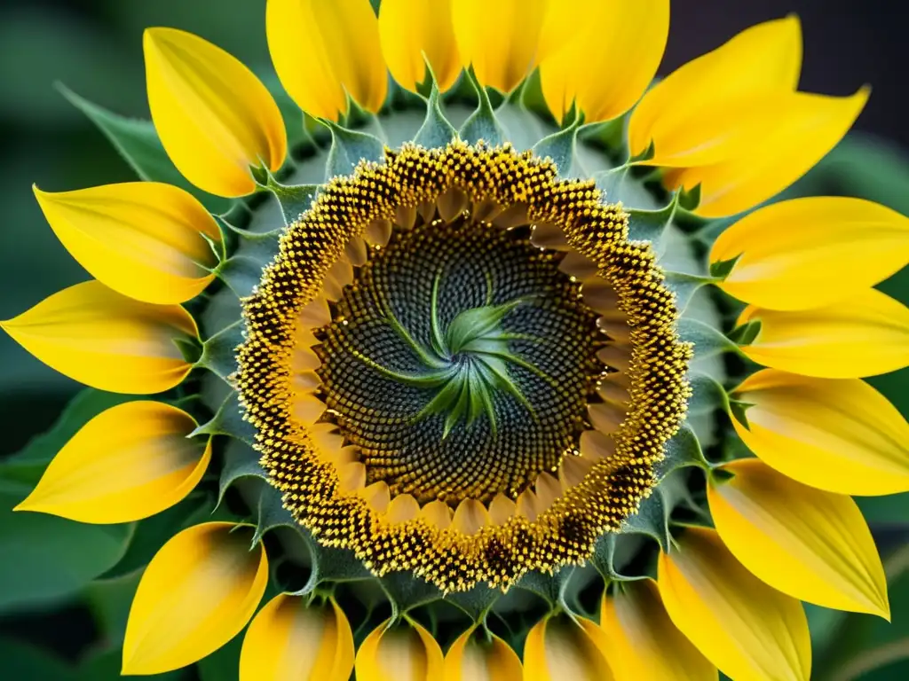 Detalle de girasol: Patrones de flores en espiral, simetría natural y belleza hipnótica en vibrante espiral dorada