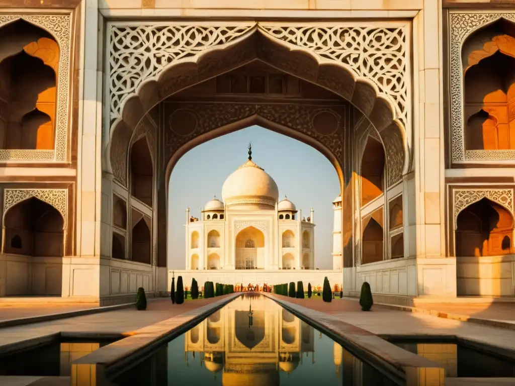 Detalle sepia de los patrones geométricos en mármol de la arquitectura India en el Taj Mahal