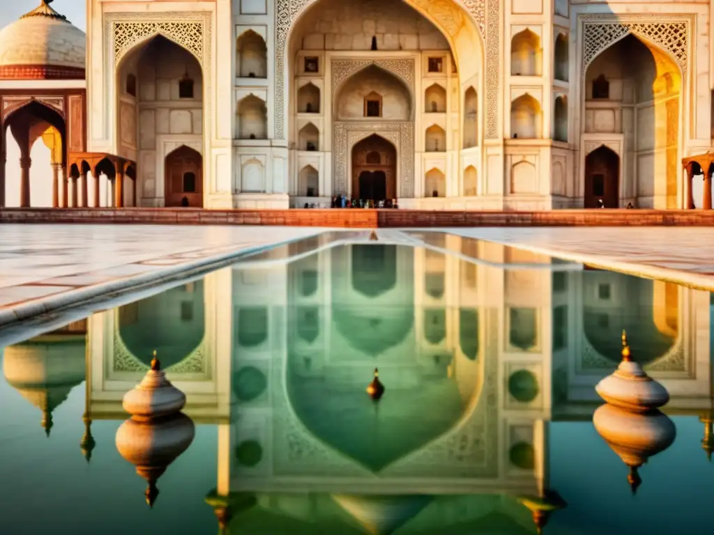 Detalle de los patrones geométricos en la arquitectura India del Taj Mahal, reflejando la luz y la sombra en el mármol blanco, destacando la artesanía y la belleza atemporal