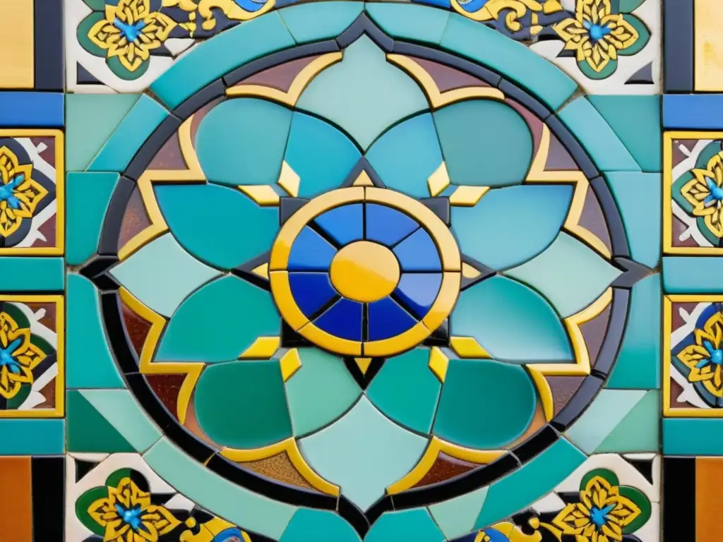 Detalle de mosaico árabe: patrones geométricos, colores vibrantes y sensación de historia y riqueza cultural en arte contemporáneo