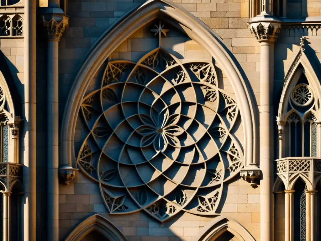 Detalle de los patrones geométricos tallados en la piedra de una catedral gótica, evocando un arte atemporal y significado espiritual