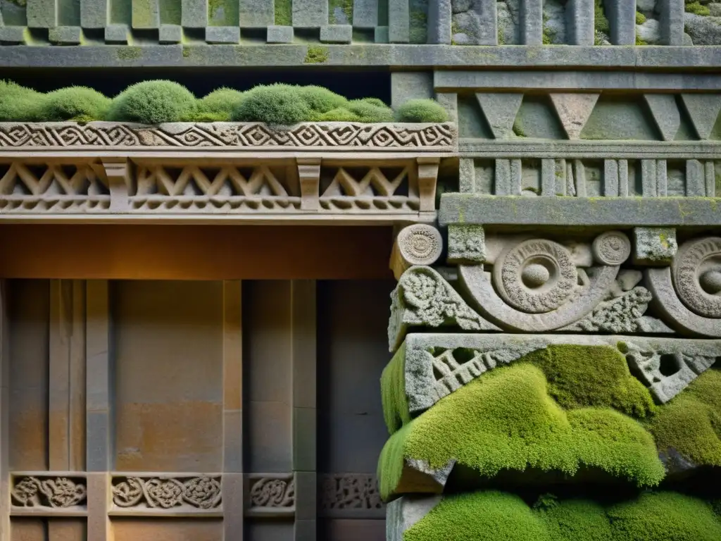 Detalle de patrones geométricos tallados en piedra antigua, con textura envejecida y tonos cálidos
