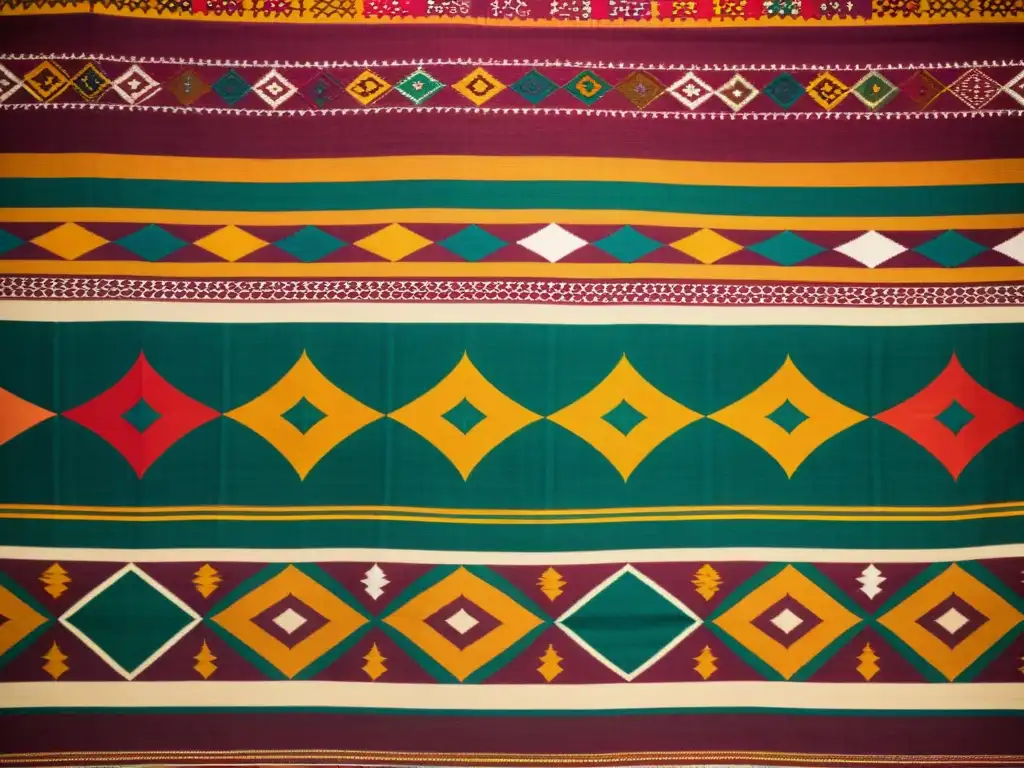 Detalle de Patola textil de Gujarat con patrones geométricos en vibrantes colores terrosos, evocando tradición y artesanía