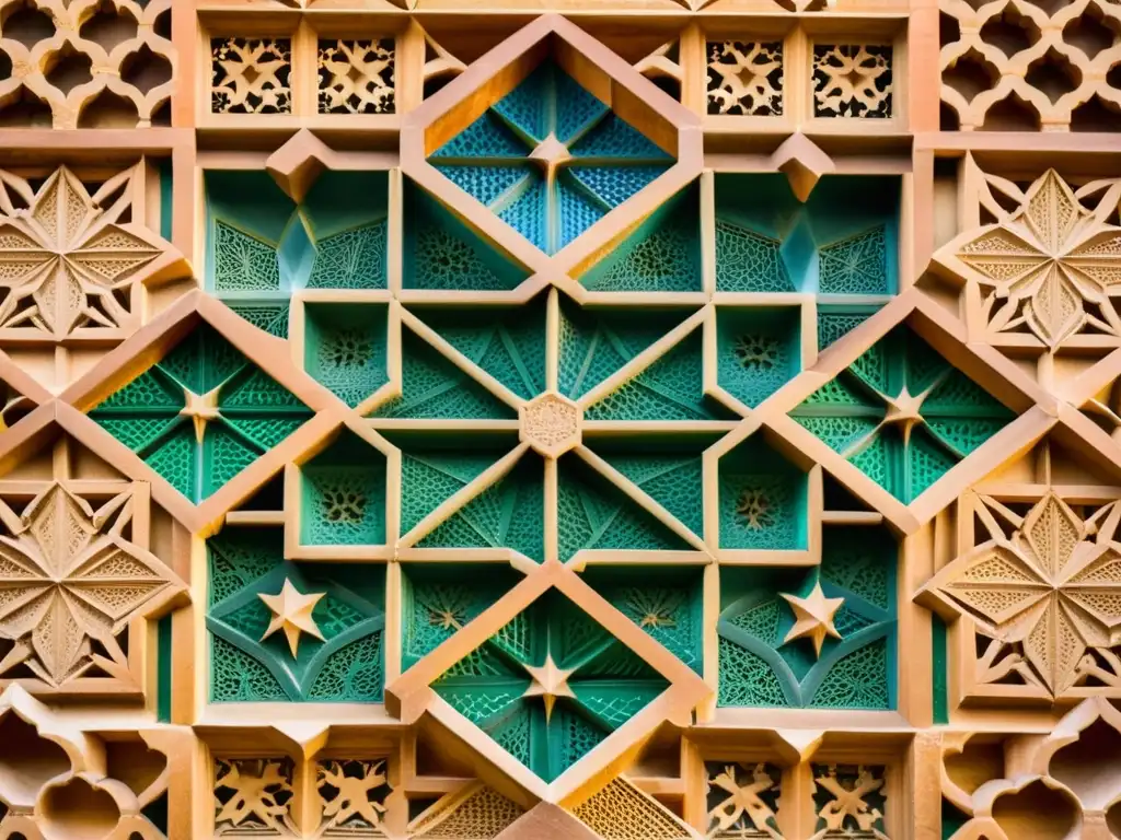 Detalle de los patrones islámicos de la Alhambra en Granada, una obra de arte en tonos cálidos y formas geométricas hipnóticas