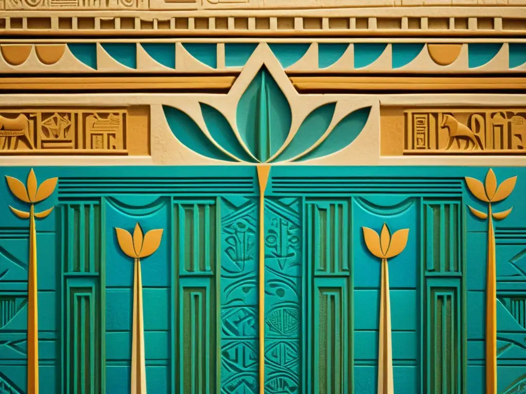 Detalle de patrones repetitivos en la arquitectura del Antiguo Egipto: jeroglíficos, motivos de flores de loto y diseños geométricos esculpidos en piedra arenisca