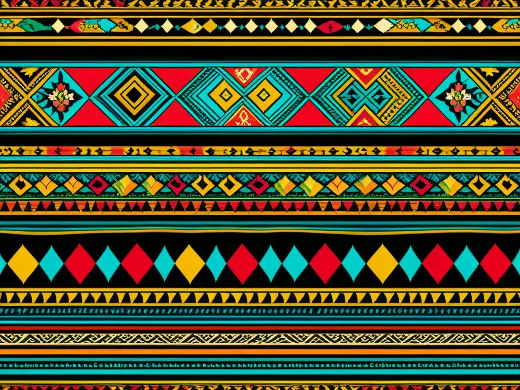 Detalle de patrones textiles de diversas culturas, con bordados y tejidos coloridos, evocando el significado visual de tradiciones culturales