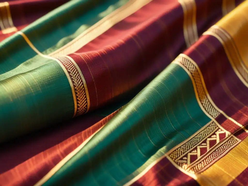 Detalle de Tussar Silk India con patrones y textura vibrantes, bañados por la luz del sol