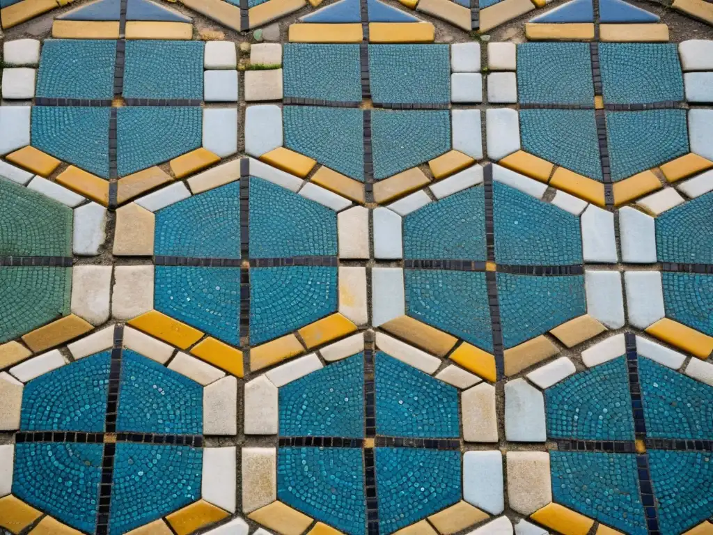 Detalle de un pavimento de mosaico romano en Itálica, España, con patrones geométricos vibrantes y tonos terrosos