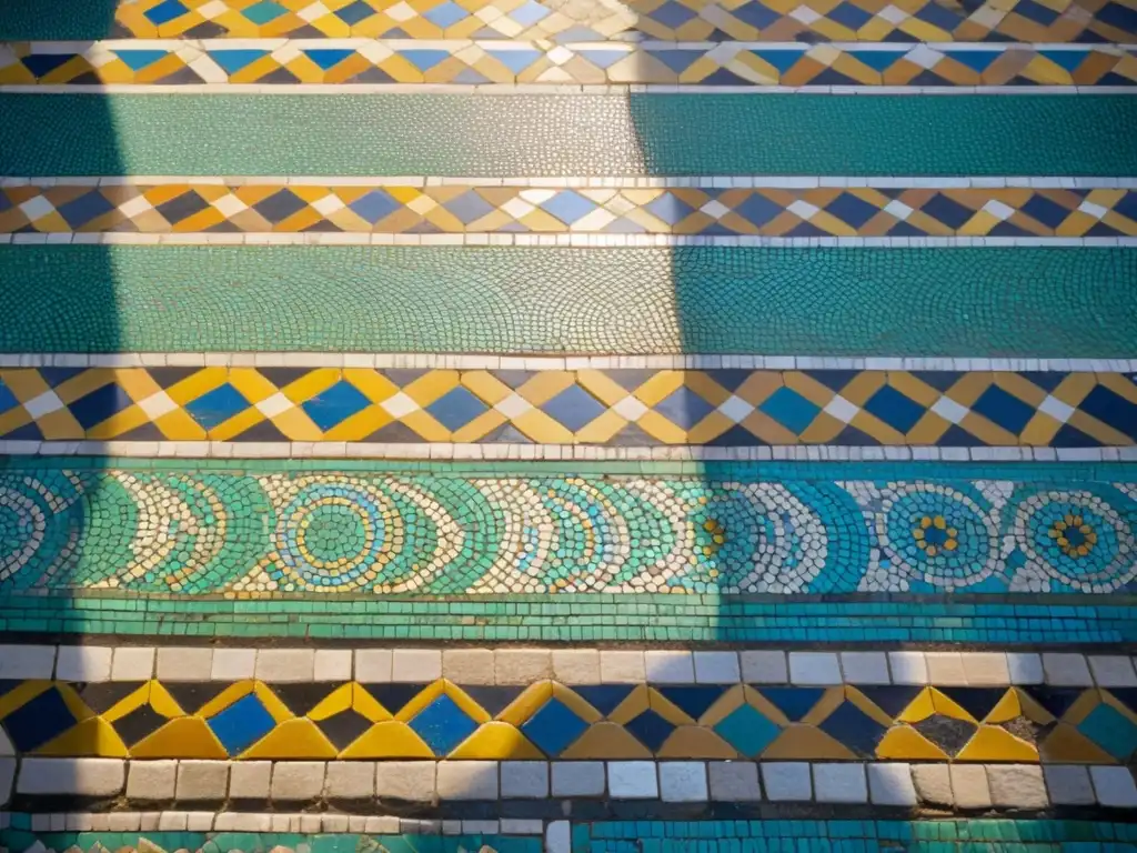 Detalle de un pavimento romano en España con patrones y colores vibrantes, iluminado por la luz natural