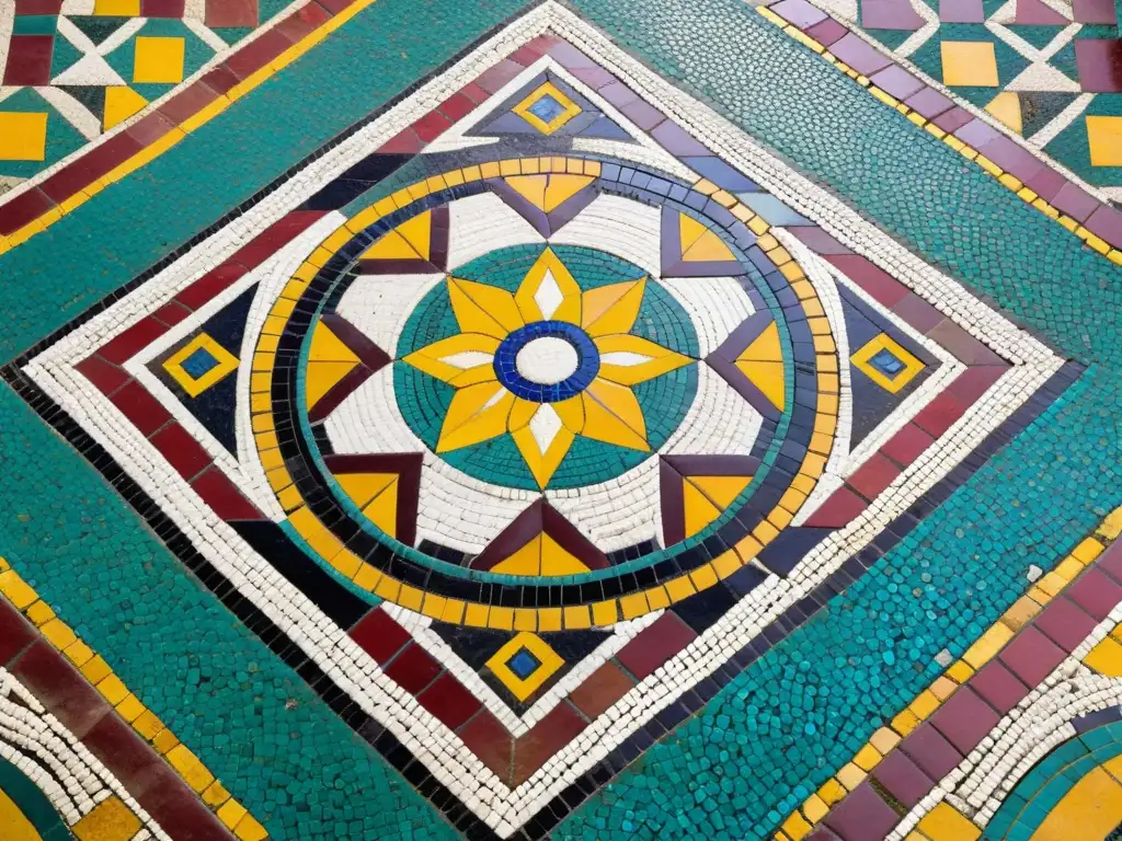 Detalle del pavimento romano en Villa Romana La Olmeda, con patrones geométricos y colores vibrantes, reflejando la artesanía romana en España