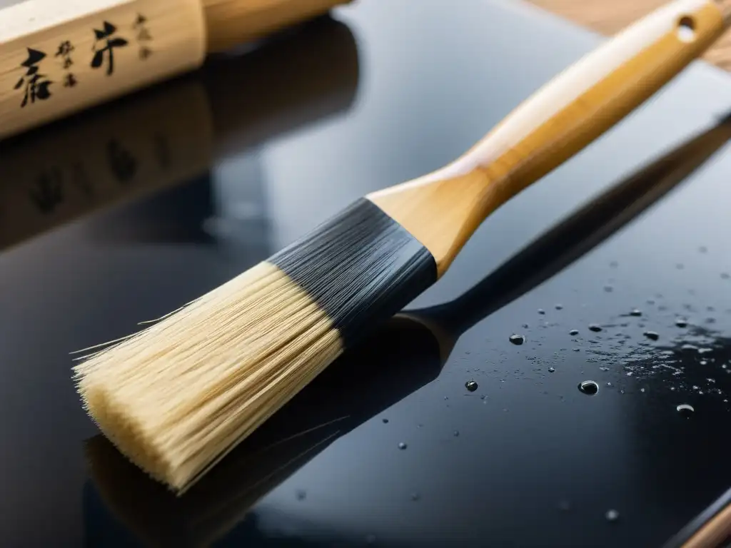 Detalle de pincel de pintura tradicional japonesa con brillo de agua y patrones en mesa de madera