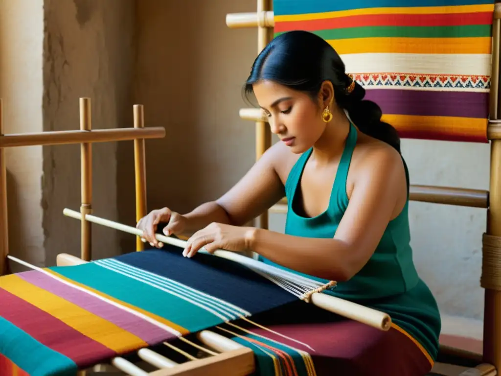 Detalle de pintura al óleo de un artesano tejiendo en telar, preservación de patrones artísticos tradicionales