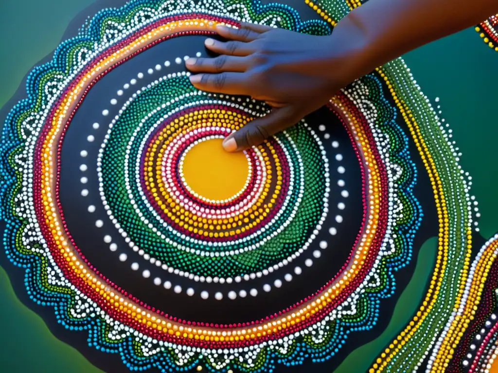 Detalle de pintura de puntos aborigen con colores vibrantes y simbolismo, invitando a explorar el arte aborigen realidad virtual