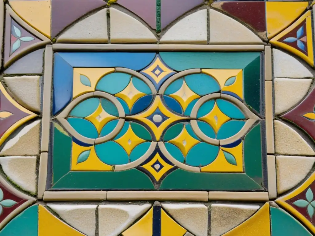 Detalle de un piso de mosaico medieval en una abadía, con patrones artísticos y colores vibrantes que reflejan la belleza vintage de la arquitectura abacial