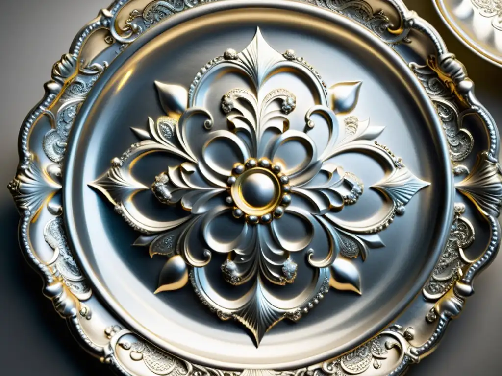 Detalle de una platería barroca con patrones ornamentales exquisitos en plata, evocando opulencia y elegancia atemporal