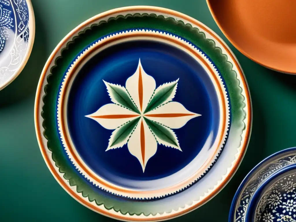 Detalle de plato de cerámica vintage con patrones artísticos en cobalto, verde esmeralda y terracota sobre madera envejecida