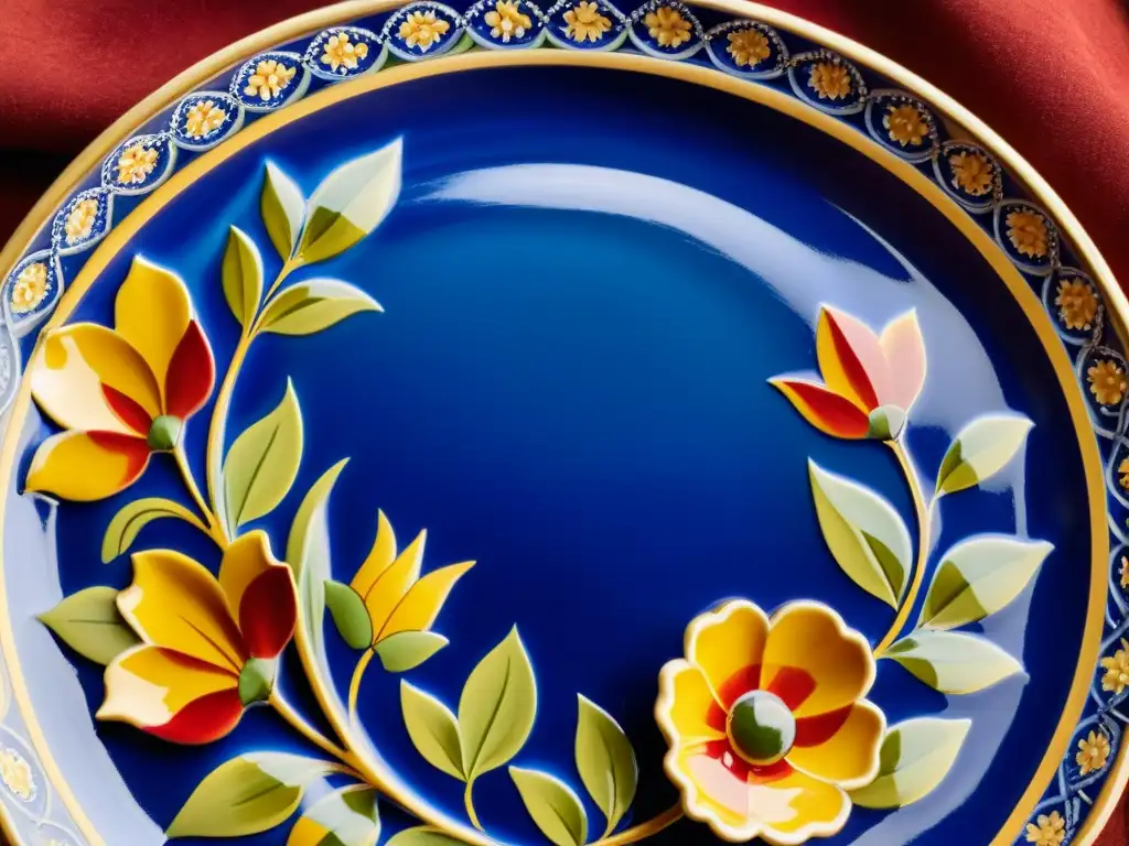 Detalle de un plato de cerámica vintage pintado a mano con patrones artísticos en azul cobalto, rojo intenso y amarillo dorado