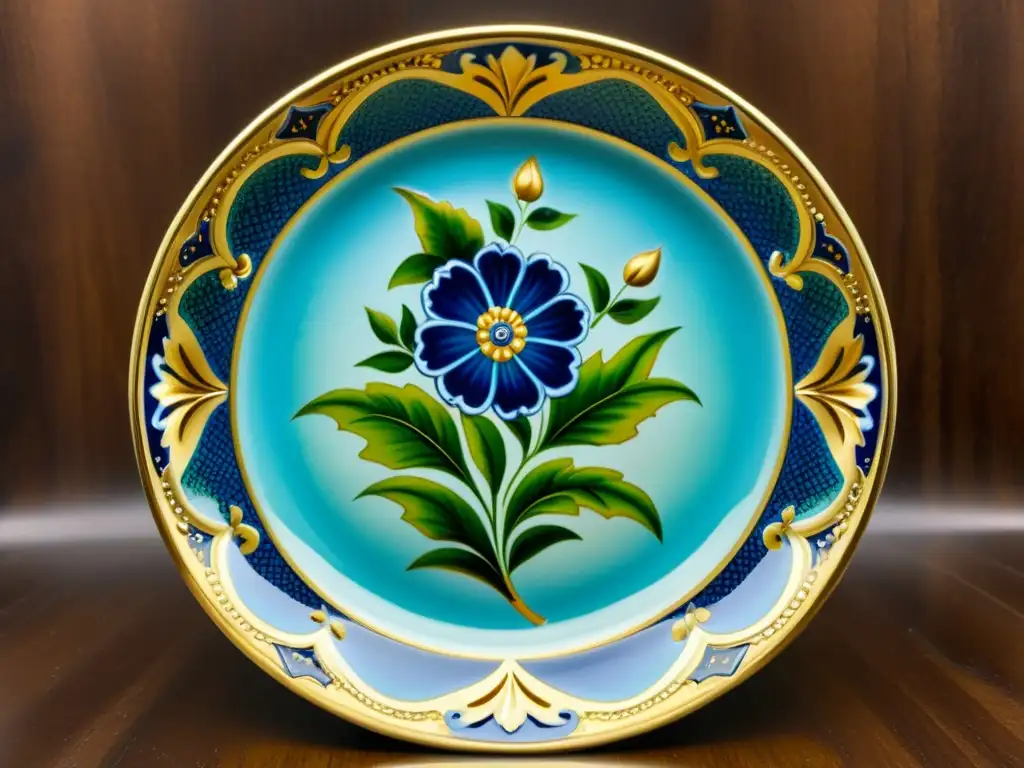 Plato de cerámica vintage pintado a mano: detalle floral en 8K Detalle de plato cerámico vintage con patrones florales en tonos azules, verdes y dorados sobre fondo de madera