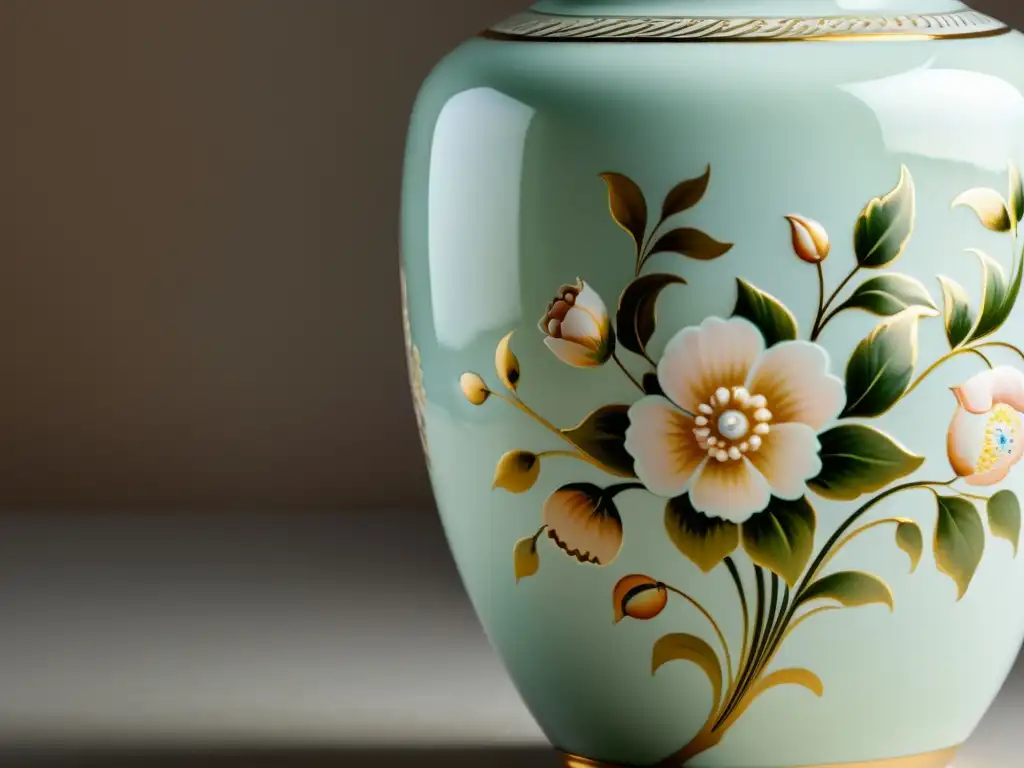 Detalle de un jarrón de porcelana vintage con elegantes patrones florales pintados a mano en colores pastel, realzados con toques sutiles de oro