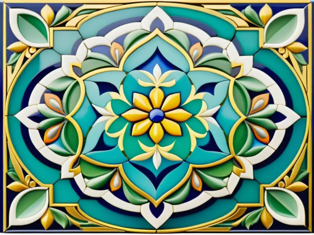 Detalle del proceso artístico en mosaicos árabes, con vibrantes colores, intrincados diseños y delicados acentos dorados, evocando elegancia atemporal