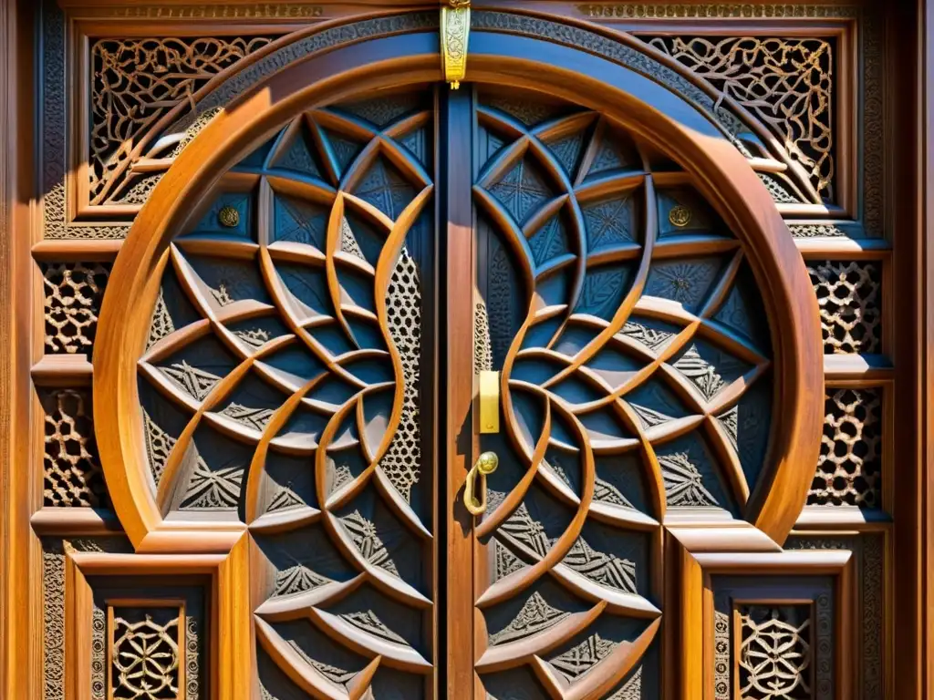 Detalle de una puerta de madera tallada con patrones árabes simetría matemática, evocando calidez y belleza vintage