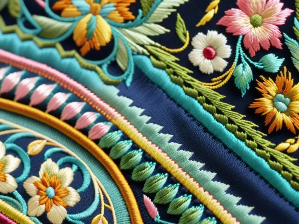 Detalle de evolución del punto de cruz: colores vibrantes, detalles intrincados y texturas variadas, fusionando tradición y alta costura